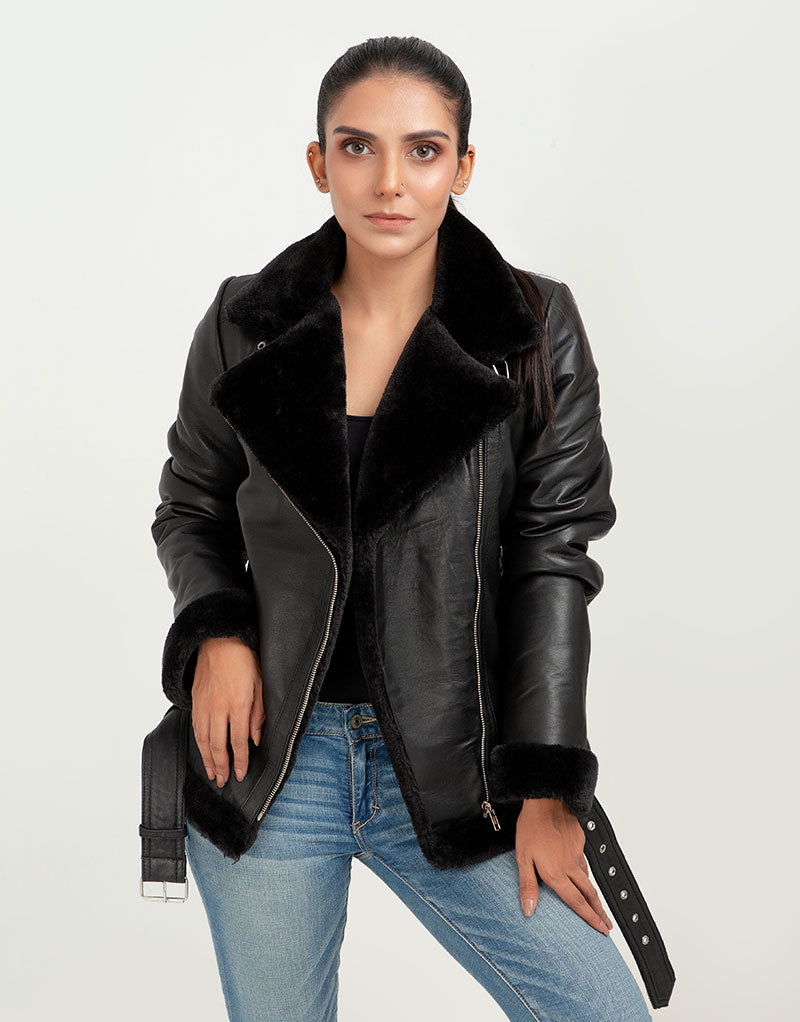 Serena Aviator Black Leather Jacket - Front