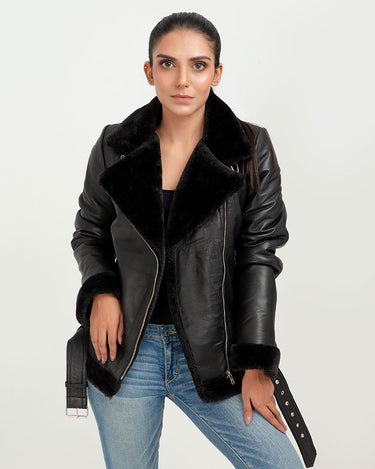 Serena Aviator Black Leather Jacket - Front