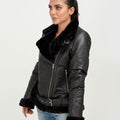 Serena Aviator Black Leather Jacket - Left