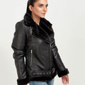 Serena Aviator Black Leather Jacket - Right