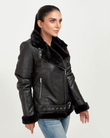 Serena Aviator Black Leather Jacket - Right