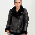 Serena Aviator Black Leather Jacket - Zipped