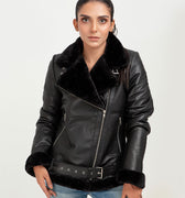 Serena Aviator Black Leather Jacket - Zipped