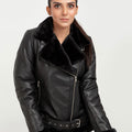 Serena Aviator Black Leather Jacket - Zoom