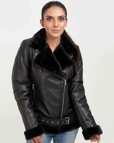 Serena Aviator Black Leather Jacket - Zoom