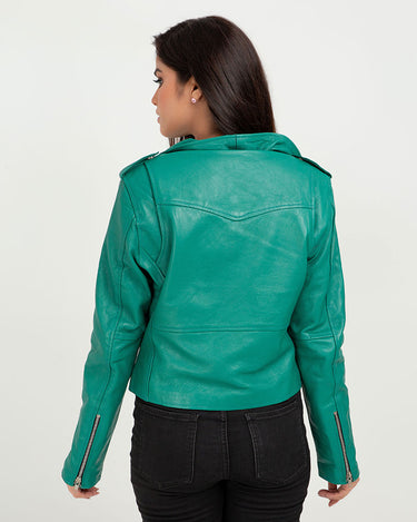 Serenity Greenish Cyan Biker Leather Jacket - Back