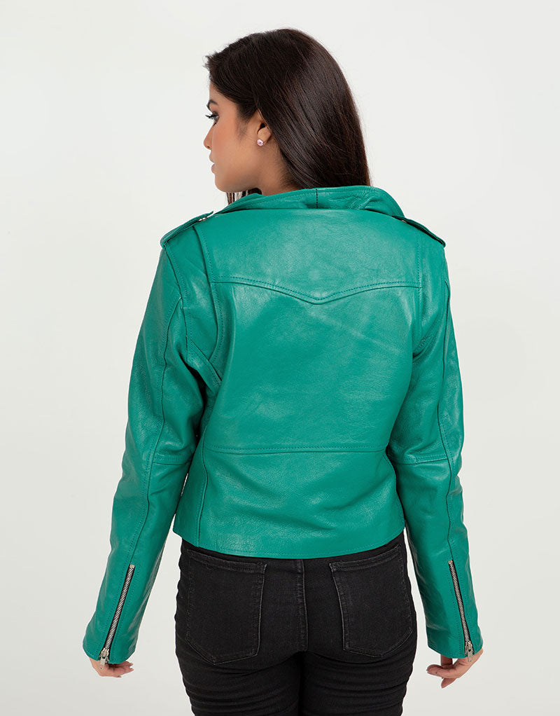 Buy Serenity Greenish Cyan Biker Leather Jacket - LeathersInn