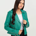 Serenity Greenish Cyan Biker Leather Jacket - Front