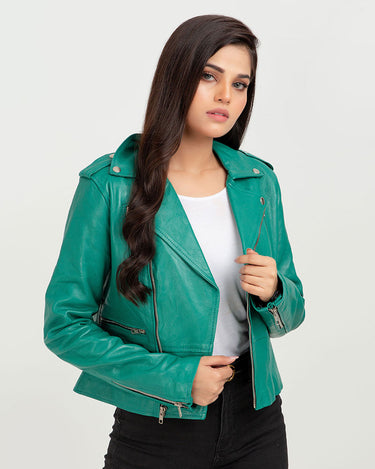 Serenity Greenish Cyan Biker Leather Jacket - Front