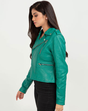 Serenity Greenish Cyan Biker Leather Jacket - Left