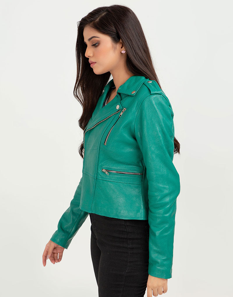 Buy Serenity Greenish Cyan Biker Leather Jacket - LeathersInn