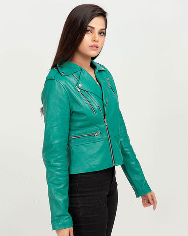 Serenity Greenish Cyan Biker Leather Jacket - Right