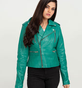 Serenity Greenish Cyan Biker Leather Jacket - Zipped