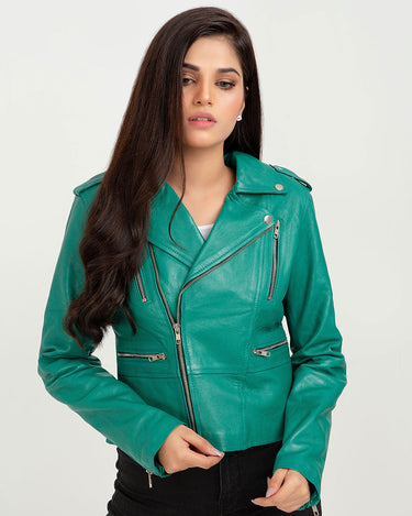 Serenity Greenish Cyan Biker Leather Jacket - Zoom