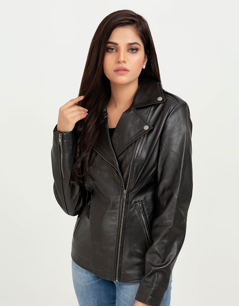 Sierra Black Leather Biker Jacket - Front