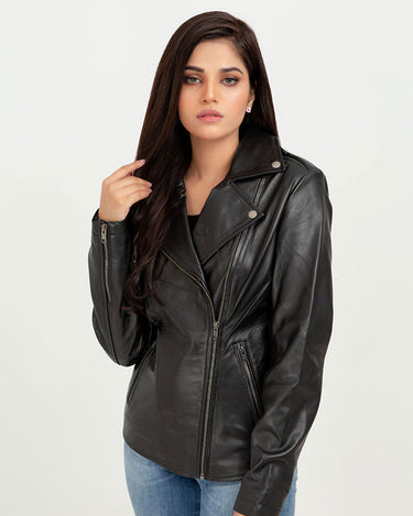 Sierra Black Leather Biker Jacket - Front