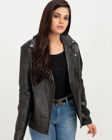 Sierra Black Leather Biker Jacket - Front Open