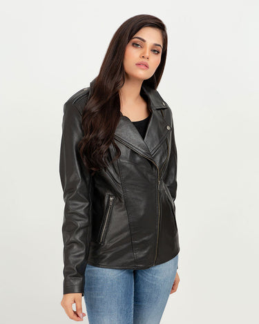 Sierra Black Leather Biker Jacket - Zipped