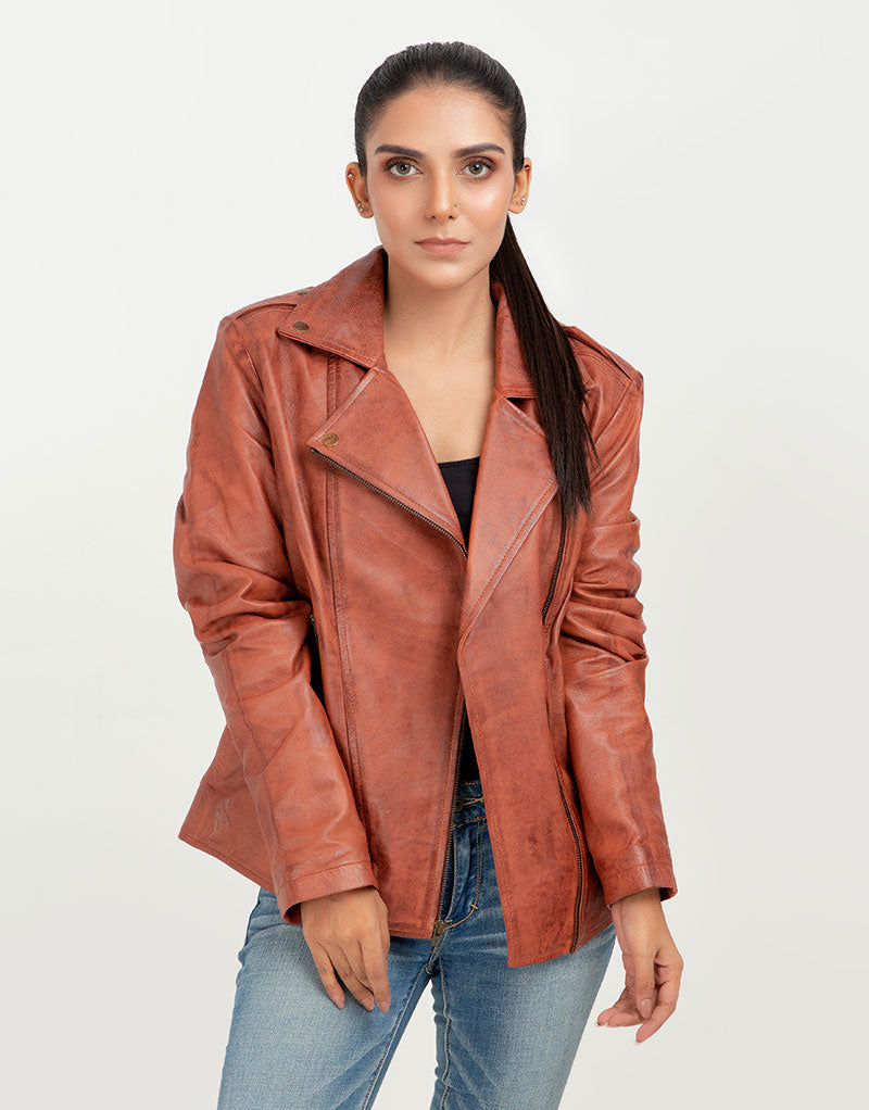 Sierra Brown Leather Biker Jacket - Front