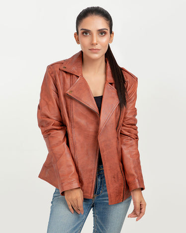 Sierra Brown Leather Biker Jacket - Front