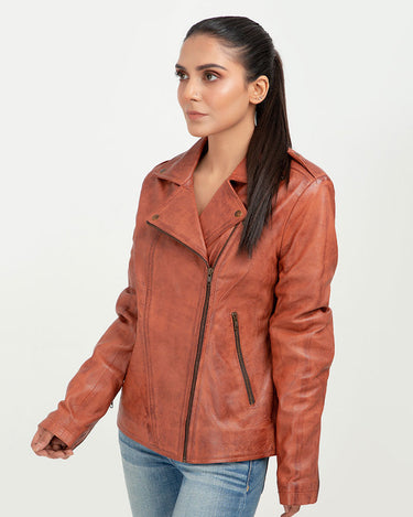 Sierra Brown Leather Biker Jacket - Left