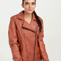 Sierra Brown Leather Biker Jacket - Zipped