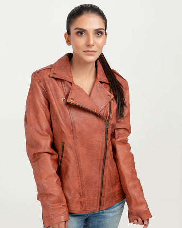 Sierra Brown Leather Biker Jacket - Zipped