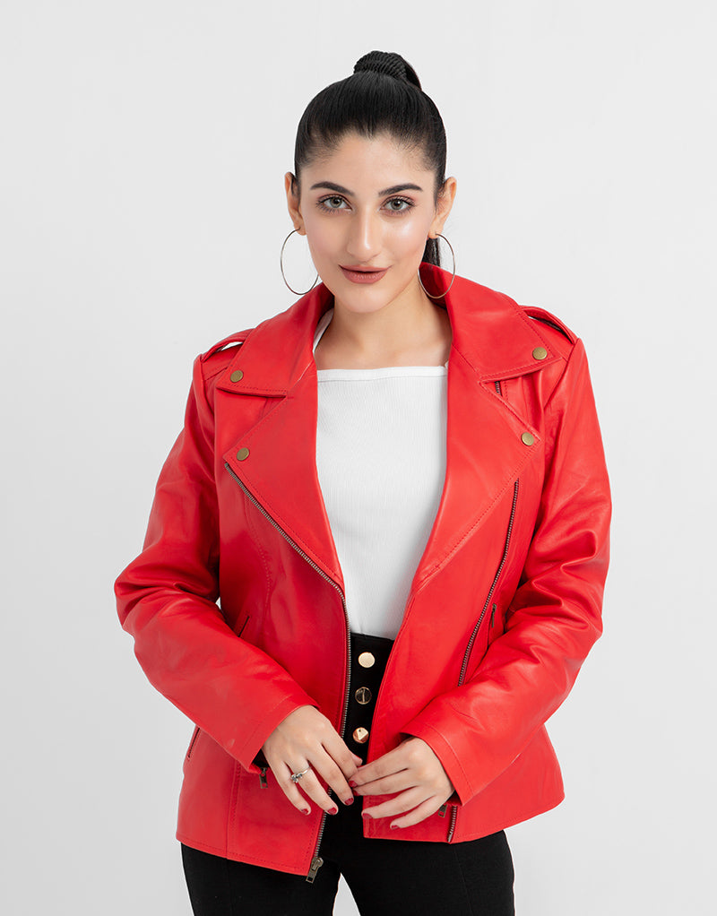 Sierra Red Leather Biker Jacket - Front