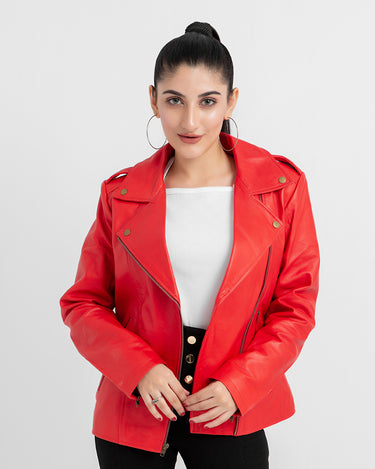 Sierra Red Leather Biker Jacket - Front