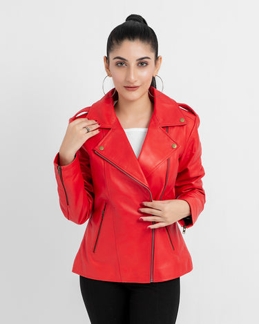 Sierra Red Leather Biker Jacket - Zipped