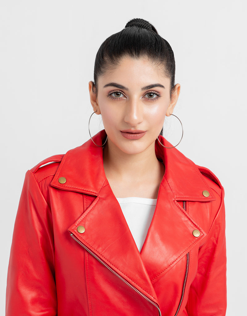 Sierra Red Leather Biker Jacket - Zoomed