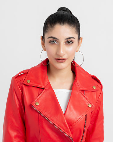 Sierra Red Leather Biker Jacket - Zoomed