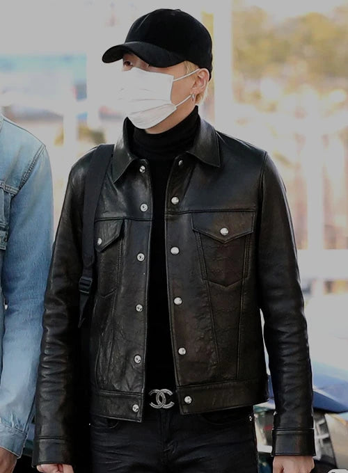 BTS Suga Black Leather Jacket - Front