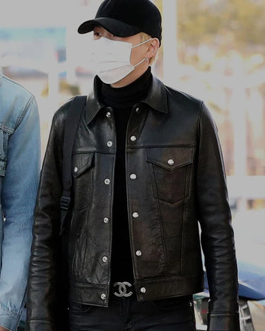 BTS Suga Black Leather Jacket - Front