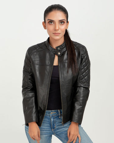 The Bella Quilted Biker Leather Jacket - Front