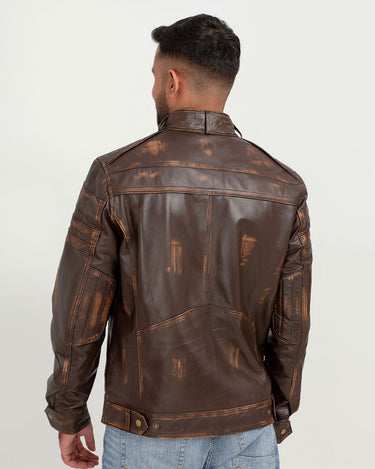 Theodore Elementary Brown Leather Cafe Racer Jacket - Back