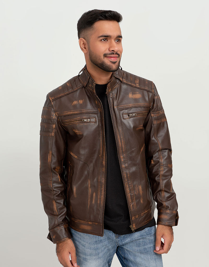 Theodore Elementary Brown Leather Cafe Racer Jacket - Front