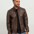 Theodore Elementary Brown Leather Cafe Racer Jacket - Front