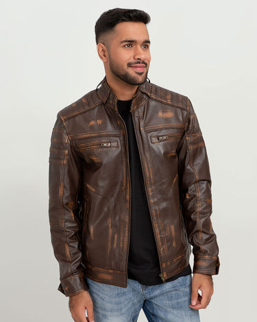 Theodore Elementary Brown Leather Cafe Racer Jacket - Front