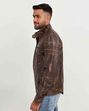 Theodore Elementary Brown Leather Cafe Racer Jacket - Left