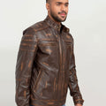 Theodore Elementary Brown Leather Cafe Racer Jacket - Right