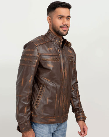 Theodore Elementary Brown Leather Cafe Racer Jacket - Right