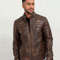 Theodore Elementary Brown Leather Cafe Racer Jacket - Zipped