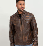 Theodore Elementary Brown Leather Cafe Racer Jacket - Zipped