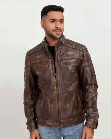 Theodore Elementary Brown Leather Cafe Racer Jacket - Zipped