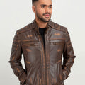 Theodore Elementary Brown Leather Cafe Racer Jacket - Zoom