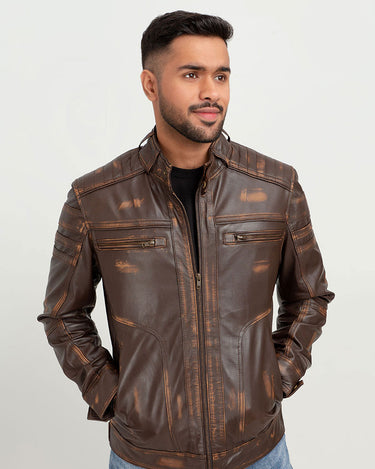 Theodore Elementary Brown Leather Cafe Racer Jacket - Zoom