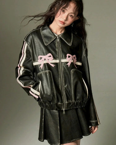 Diddi Moda Pink Bow Leather Jacket