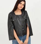 Zendaya Split-Sleeve Cropped Black Leather Jacket - Front