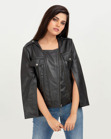 Zendaya Split-Sleeve Cropped Black Leather Jacket - Front